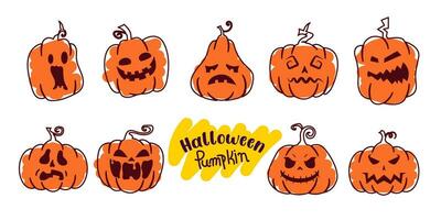 Hand drawn halloween pumpkin face expression collection. vector