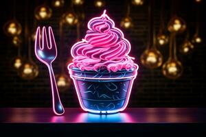 Neon cupcake and spoon sign glows with delectable charm, a sweet invitation. AI Generated photo