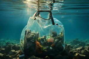 Environmental crisis Earth held in plastic bag amidst landfill trash  AI Generated photo