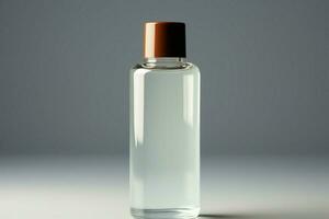 subestimado belleza cosmético botella exhibido en un ligero gris antecedentes con seducir ai generado foto