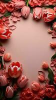 A delightful frame of tulips and rose, offering room for text Vertical Mobile Wallpaper AI Generated photo