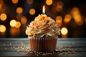 Celebratory cupcake, lively candles, wrapped gift radiating birthday cheer with flames AI Generated photo