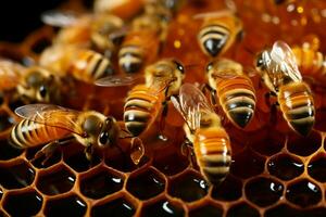 Beehives intricate honeycomb revealed, buzzing with life, a masterpiece of nature AI Generated photo