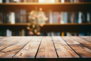 borroso antecedentes complementa un de madera mesa en un sereno, minimalista ajuste ai generado foto