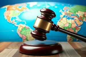 A gavel clutched against a globe backdrop, symbolizing the rule of law AI Generated photo