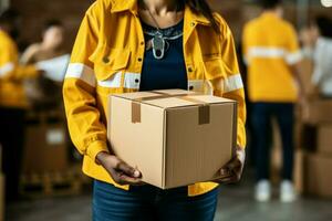 Community support  Close up of volunteer holding box signifies local outreach and contribution. AI Generated photo