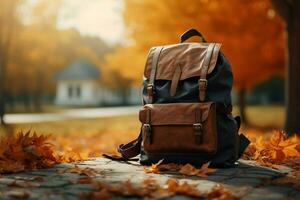 mochila y accesorios, ingeniosamente generado en ai, conjunto en contra otoño naturaleza ai generado foto