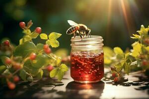 abeja toma vuelo desde tarro entre rojo verde hojas, lente acampanado magia llena aire ai generado foto