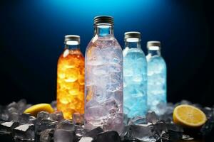 Colorful cocktail bottles nestled amidst a bed of sparkling, multicolored ice AI Generated photo