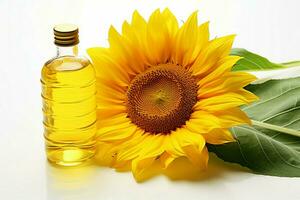 Sunflower oil and a sunflower bloom, isolated against a clean white background AI Generated photo