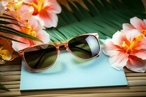 Summer holiday vibes Beach accessories, sunglasses, vibrant flowers, and palm leaves AI Generated photo