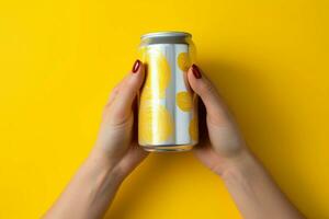 agraciado hembra manos cuna blanco latas en contra un texturizado, soleado amarillo fondo ai generado foto