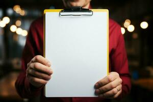 Focused arrangement Close up hand with clipboard mock up, highlighting meticulous organization AI Generated photo