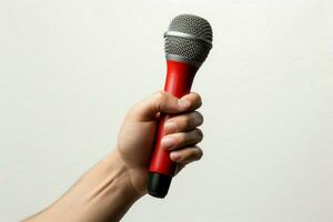 A raised hand clutches a microphone, set against an isolated white backdrop. AI Generated photo
