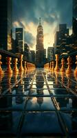 Neural network artistry chess pieces harmonize with skyscrapers in brilliance Vertical Mobile Wallpaper AI Generated photo