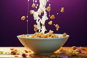 Bowl captures vitality Granola, milk interact in midair, forming healthy morning sustenance AI Generated photo