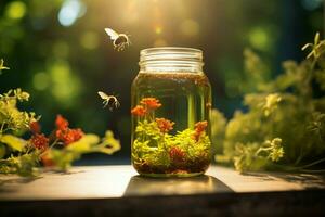 Energized bee escapes jar, amid foliage, lens flare adds dreamy radiance AI Generated photo