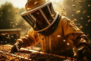 Beekeeper dons attire, showcases honeycomb a harmonious moment in beekeepings rhythm AI Generated photo