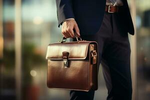 Detailed view of entrepreneurs hand firmly clasping elegant business briefcase AI Generated photo