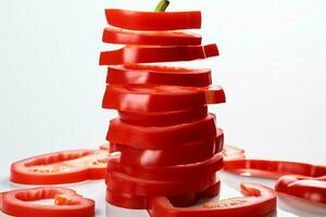 Crisp red bell pepper slices on a white background, showcasing vivid freshness AI Generated photo