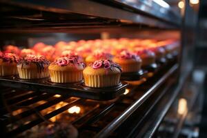 Automated conveyor whisks freshly baked cakes through the production process  AI Generated photo