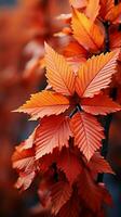 Fiery red and yellow leaves fall gently in an autumn breeze. Vertical Mobile Wallpaper AI Generated photo