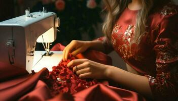 Moda creatividad floraciones como un mujeres manos, con rojo manicura, coser diligentemente ai generado foto