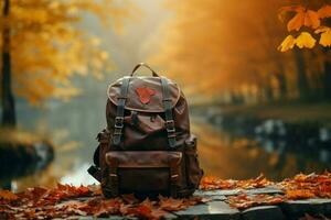 AI generated autumn nature serves as the backdrop for showcasing backpack and accessories AI Generated photo
