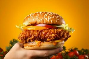 Yellow backdrop accents the delicious contrast of chicken and veggie burgers displayed AI Generated photo