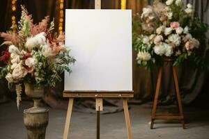 Easel holds empty white photo board, anticipating a weddings captured moments AI Generated