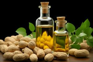 Peanuts adorned with leaves beside a bottle of golden, flavorful peanut oil AI Generated photo