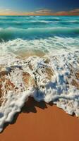 sereno azul Oceano olas regazo en contra dorado arenoso orillas vertical móvil fondo de pantalla ai generado foto