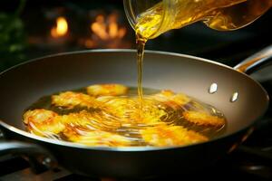 Hot pan sizzles as food oil is poured, ready for deep frying AI Generated photo