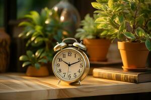 Vintage alarm clock and houseplant decorate rustic wooden tabletop AI Generated photo