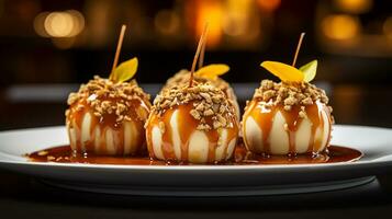 Photo of Caramel Apples as a dish in a high-end restaurant. Generative AI