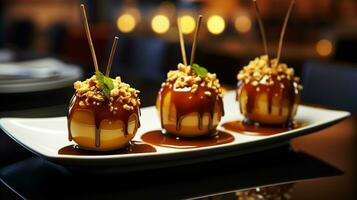 Photo of Caramel Apples as a dish in a high-end restaurant. Generative AI