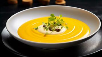 Photo of Butternut Squash Soup as a dish in a high-end restaurant. Generative AI