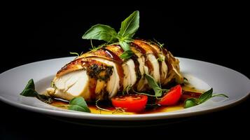 Photo of Caprese Stuffed Chicken as a dish in a high-end restaurant. Generative AI