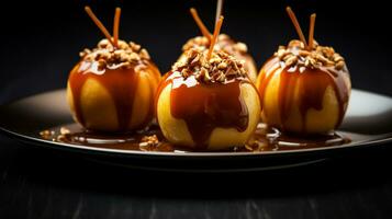 foto de caramelo manzanas como un plato en un gama alta restaurante. generativo ai