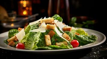 Photo of Caesar Salad as a dish in a high-end restaurant. Generative AI