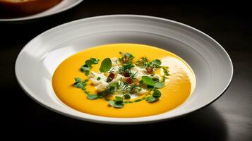 Photo of Butternut Squash Soup as a dish in a high-end restaurant. Generative AI