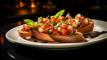 Photo of Bruschetta as a dish in a high-end restaurant. Generative AI