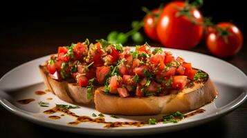 Photo of Bruschetta with Fresh Tomatoes as a dish in a high-end restaurant. Generative AI