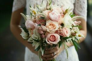 Brides hands adorned with David Austin bouquet, a fragrant emblem of loves union AI Generated photo