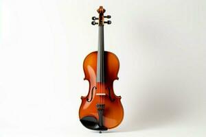 A violin and its bow elegantly contrast against a pristine white background. AI Generated photo