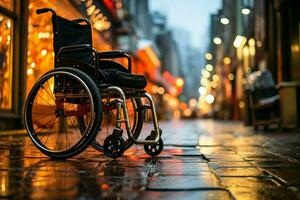 Close-up captures empty wheelchair, pavements handicap symbol representing accessibility commitment AI Generated photo