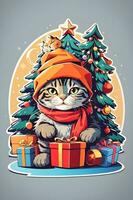 cute christmas cat sticker with christmas tree, sanatas hat, gift box, ai generate photo