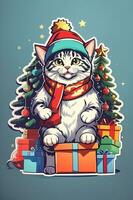 linda Navidad gato pegatina con Navidad árbol, sanatas sombrero, regalo caja, ai generar foto
