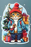 cute christmas cat sticker with christmas tree, sanatas hat, gift box, ai generate photo