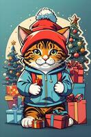 cute christmas cat sticker with christmas tree, sanatas hat, gift box, ai generate photo